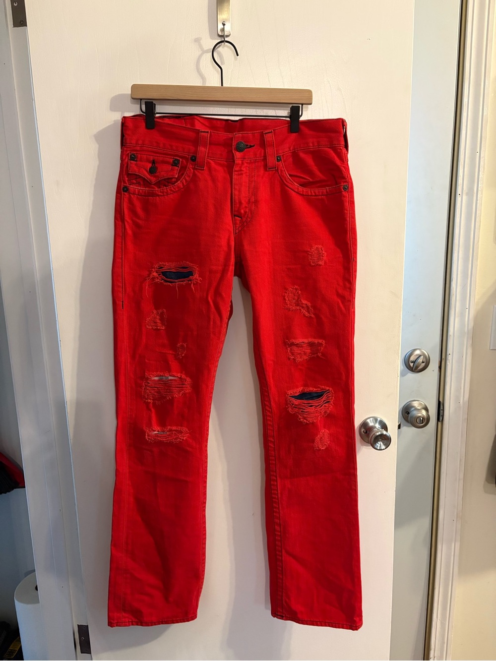 True Religion Men's Distressed Red Straight Jeans